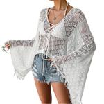 Женская пляжная накидка с колоколообразными рукавами и кистями Trove Pursuits Inc, White - фото