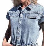 Ромпер из джинсовой ткани с эффектом потертости и декоративными элементами, каменная мойка Blue B, Stone-Washed - фото 3