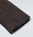 Кожаные перчатки с полоской Gucci, Black/Dark Green - фото 2