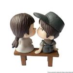 Девушка и мальчик в серой шапке на скамейке с зайчиком. HABARRI - фото 2