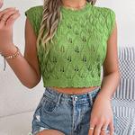 Женский летний модный укороченный топ с ажурными листьями, короткий рукав, дышащий, облегающий, вязаный Joyjoy, Khaki - фото 2