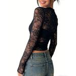 Женский топ с кружевными вставками и длинными рукавами Clearflower, Black - фото 3