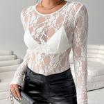 Женский топ с длинным рукавом и кружевным цветочным принтом Clearflower, White - фото 2