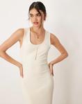Платье миди Mango из плотного трикотажа с круглым вырезом цвета пахты - фото 2