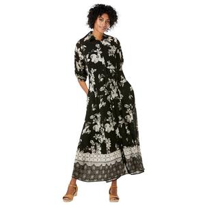 Женщина в женском платье-рубашке больших размеров с жатыми рукавами и язычками Woman Within, цвет Black Bloom Flower