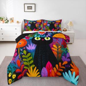 Erosebridal Комплект постельного белья Floral Boho Black Cat Full с цветочным этническим принтом и мультяшными котятами, Multi 25