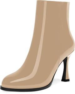 Женские офисные повседневные ботильоны SKYSTERRY из лакированной кожи с молнией, круглым носком и высоким каблуком 3,3 дюйма, Beige
