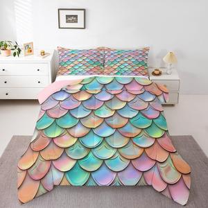 Erosebridal Комплект постельного белья Rainbow Scales с красочным узором рыбьей чешуи, реверсивный дизайн в морской тематике, Orange Green
