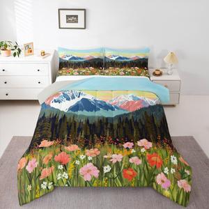 Erosebridal Комплект постельного белья Wildflower & Mountain в лесном цветочном стиле для девочек, Dark Green Blue