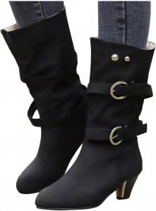 Женские сапоги-туфли Hbeylia с модной кожаной лентой, на высоком каблуке, с широкой средней голенью, для женщин, повседневные сапоги на среднем каблуке, для платья, езды, короткие боевые сапоги, Black