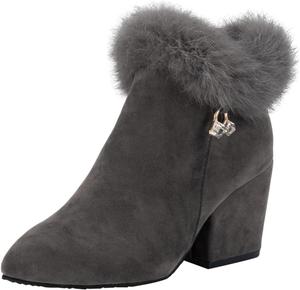 Женские ботильоны на массивном каблуке с искусственным мехом, заостренным носком и боковой молнией, зимние ботинки для повседневной носки Azttoztto, Grey