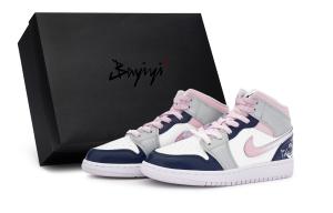 Jordan Винтажные баскетбольные кроссовки Air 1 для женщин мид-топ бело-серые с розовым синим белым серым, цвет Pink Blue White Gray