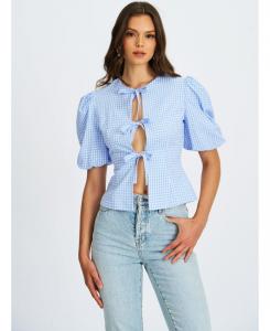 Женская блузка Qusayla в голубую клетку с объемными рукавами и бантом Miss Circle, Baby blue gingham
