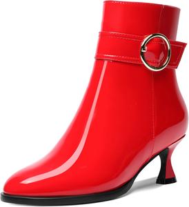 Женские ботильоны AMBELIGHT с круглым носком, ремешком на щиколотке для свиданий, лакированные, с молнией, на низком каблуке 2 дюйма, Red