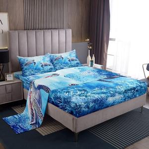 Erosebridal Комплект постельного белья Turtle Sheets Underwater World с морской тематикой и глубоким карманом, Green Blue