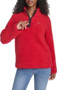 Женский пуловер Tommy Hilfiger с воротником-стойкой и молнией 1/4 из мягкой шерпы, Scarlet