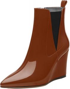 Женские ботильоны, с острым носком на высокой танкетке, короткие сапожки с боковой молнией и эластичной вставкой, высота каблука 3,3 дюйма MISEZOXI, Dark Brown Patent