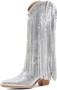 Женские ковбойские сапоги AIJIVOU с бахромой и стразами, блестящие западные ковбойские сапоги с заостренным носком, средним каблуком на толстом блоке, сапоги до середины икры для женщин и девушек для вечеринок, Silver