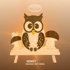Настольная лампа 'Сова', лампа из дерева, НАТУРАЛЬНО-КОРИЧНЕВАЯ, произведено в Германии, E14, Гарантия Эрцгебирге, осенний декор для интерьера, настольная лампа Weigla, Natur-Braun