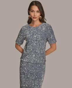 Женская футболка с короткими рукавами и круглым вырезом, украшенная пайетками Donna Karan New York, Tempest