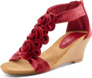 Женские сандалии на танкетке PATRIZIA HARLEQUIN с ремешком на щиколотке и T-образным ремешком - Цветочный дизайн, мягкая стелька, застежка на молнии сзади, красный