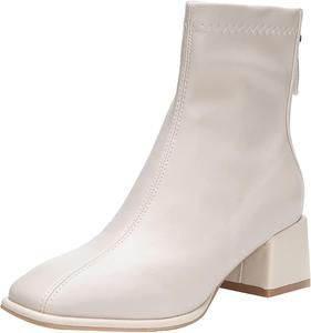 Женские кожаные ботинки Yiozoi на осень и зиму, высокие, с квадратным носком, для офиса, с задней молнией, износостойкие, с массивным каблуком, Beige