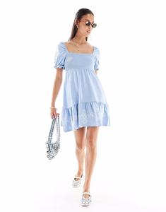 Мини-платье Miss Selfridge с вышитыми рукавами-фонариками синего цвета с белой вышивкой