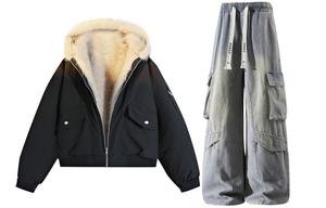 Повседневный спортивный свитшот унисекс с круглым вырезом, утепленный и с флисовой подкладкой X1617, черный mountain hawk cotton jacket+желтый mud pants