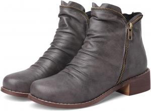 Женские винтажные кожаные водонепроницаемые ботинки на молнии, плиссированные ботильоны с боковой молнией, с круглым носком, короткие ботинки, зимние повседневные и нарядные обувь ZJWBB, Grey