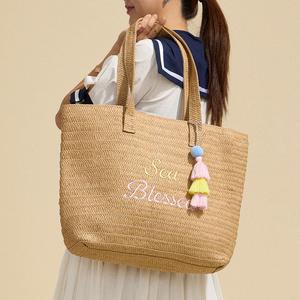 Летняя сумка-шоппер Raffia SEA BLESSED с вышитой надписью FASHNZFAB, нейтральный