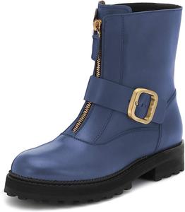 Женские ботинки YDN с круглым носком, рифленой подошвой и низким каблуком, классические ботильоны с молнией и ремешками с пряжками, Blue