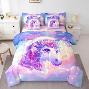 Erosebridal Комплект постельного белья Unicorn King с цветочным принтом единорогов и радужных цветов, Pale Purple