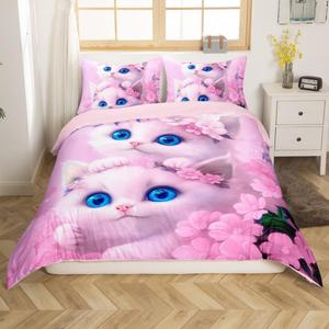 Erosebridal Комплект постельного белья Floral Cat Girls с цветочными котятами, розово-белый кавай, мягкий и легкий для любого сезона, Pink White