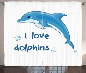 Штора ABAKUHAUS Дельфин в деревенском стиле, мультяшные морские животные, универсальные ленточные шторы для гостиной с петлями и крючками, 280 x 225 см, цвет: белый, синий Abakuhaus
