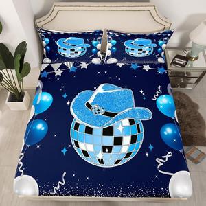 Erosebridal Комплект постельного белья Blue Cowboys с диско-шаром в стиле ретро 80-х, западная тематика, Blue Silver Black