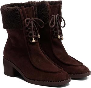 Женские ботильоны с меховой отделкой, замшевые, на шнуровке, с толстым каблуком, с округлым носком, вестерн-ковбойские короткие ботинки, осенне-зимние туфли на высоком каблуке для вечеринок, свадеб, офиса и повседневной носки NSZPD, Brown