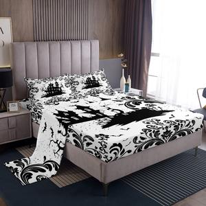 Erosebridal Комплект постельного белья Gothic Halloween Castle с готическим цветочным принтом в черно-белых тонах, Black and White