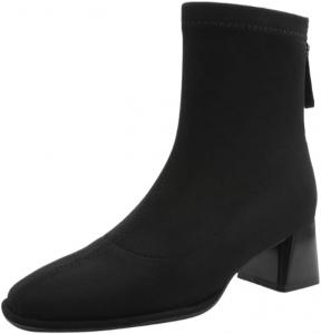 Женские ботильоны с квадратным носком, из искусственной замши, на низком широком каблуке, ботинки челси с задней молнией для осени и зимы Hhhchpm, Black-Warm