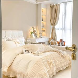 Generic Хлопковый комплект постельного белья с кружевными рюшами и бантом Beige