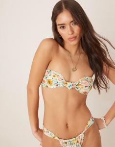 Бикини-топ-бандо Nina Knot с крупным винтажным цветочным принтом зеленого цвета Asos Design