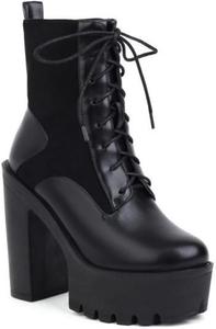 Женские ботильоны DXSYMJM на массивном каблуке с платформой, шнуровкой, боевой стиль, с круглым носком, 13 см каблук, Black
