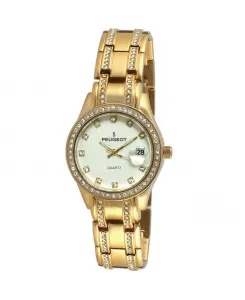 Женские круглые золотые часы-браслет с кристаллами Swarovski, подчеркивающие статус Peugeot