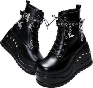 Готические панк Ботинки на каблуке 3 дюйма из искусственной кожи с цепочками, съемные, для женщин, вечеринка CTKVbmeoi, Black
