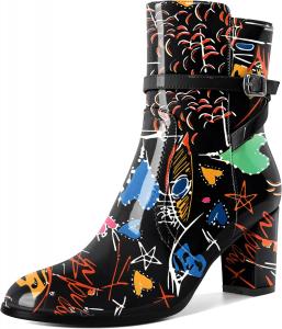 Женские ботильоны Mettesally с массивным каблуком, круглым носком и боковой молнией, осень-зима, высота каблука 7 см, Patent Graffiti