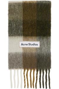 Acne Studios Шарф в клетку цвета хаки и кремового цвета с бахромой