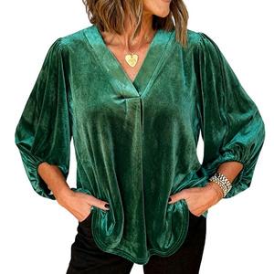 Женская блуза с v-образным вырезом и рукавами 3/4 из бархата Clearflower, Green