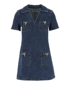 Джинсовое мини-платье с металлическими бантиками Self Portrait, синий