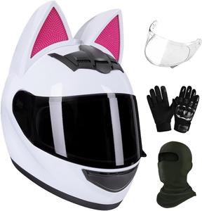 Шлем мотоциклетный YMKJGZS с кошачьими ушками, белый / розовый