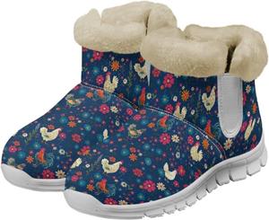 Зимние ботинки Chaqlin Rooster Snow для женщин, укороченные, теплые, с нескользящей подошвой, широкие, с флисовым плюшем, мягкие, легкие, повседневные, на плоской подошве, удобные, для улицы, Colorful Hippie Flower Rooster