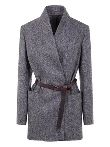 Блейзер с поясом и узором в елочку Brunello Cucinelli, синий